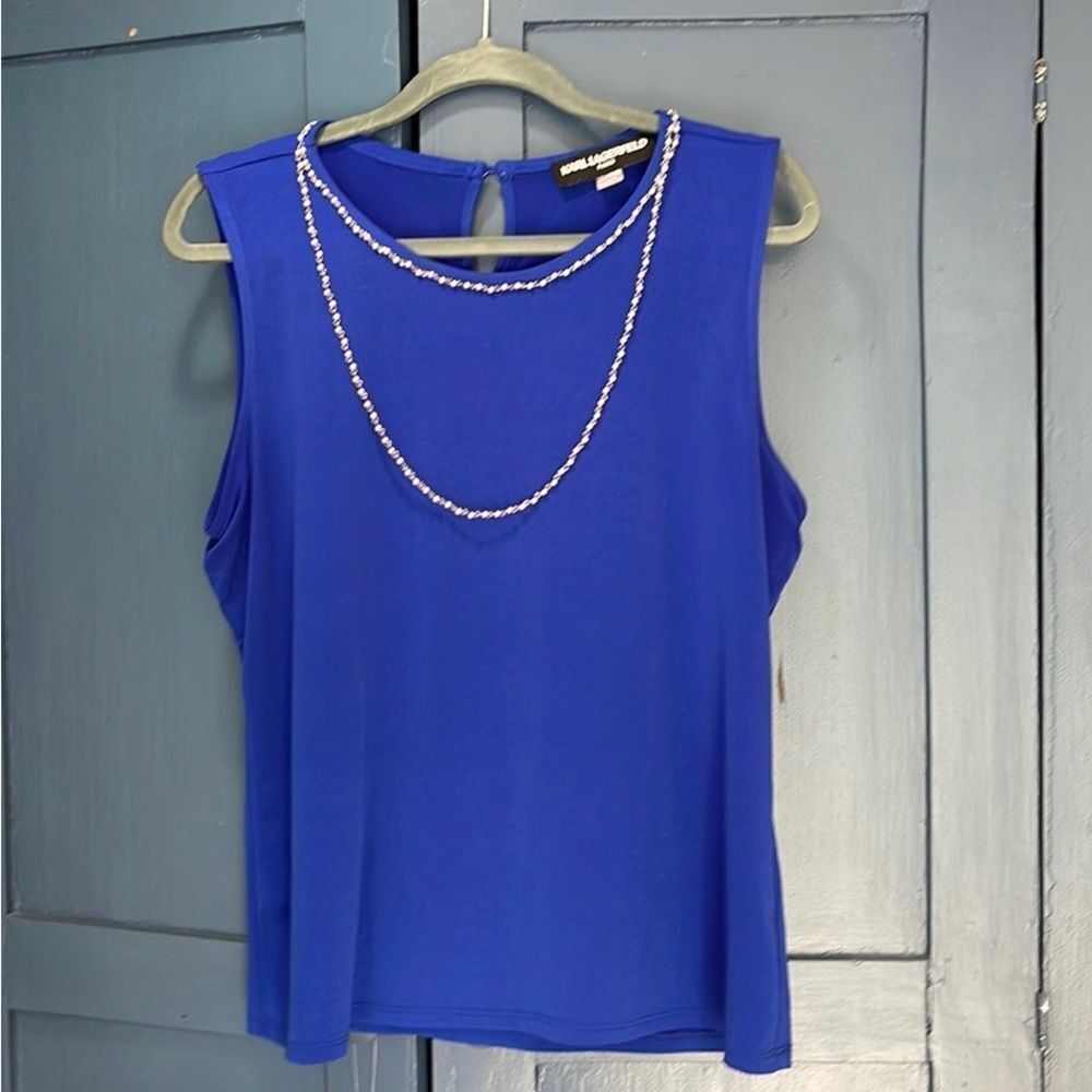 Karl Lagerfeld Sz L 🌺COQUETTE-Style🌺 Sapphire Blue With Attached Pearl Necklace